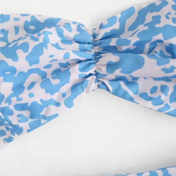 NWT Ruffles Abstract Print Cut Out Ruched Halter Dress - Light Blue (L) - Picture 4 of 8